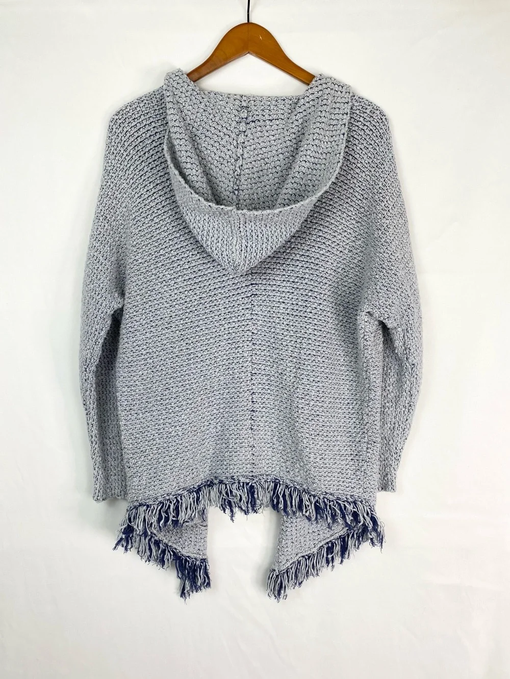 Free People Love Me Tender Hooded Fringe Cardigan Blue Size Small Knit Crochet